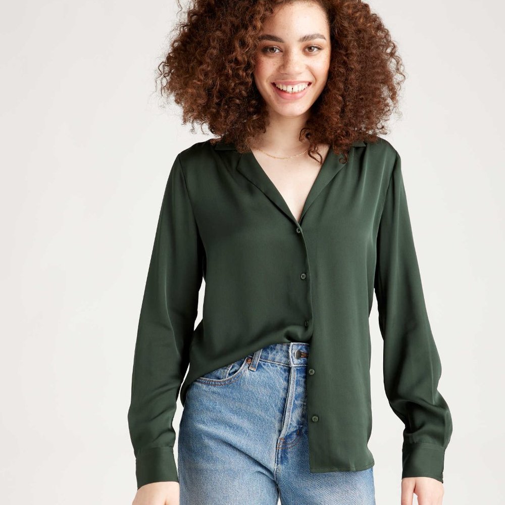 Quince Washable Stretch Silk Notch Collared Blouse - Forest Green/XS